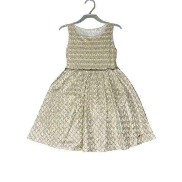 TAHARI Girl Golden Sparkles White Zip Strap Back Shimmer Holiday Dress Size 4 - Picture 2 of 11